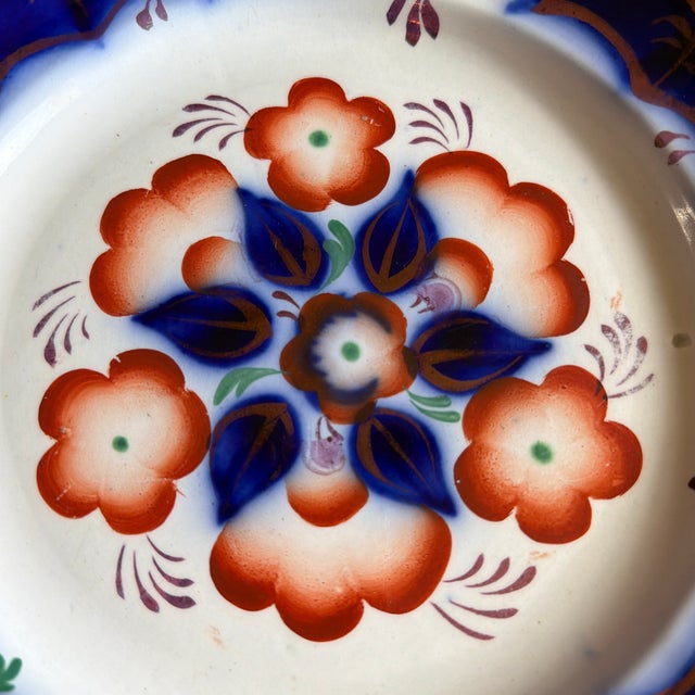 Antique Gaudy Welsh Crescent Pinwheel Flow Blue Plates, a Pair, Circa 1840s For Sale - Image 11 of 12