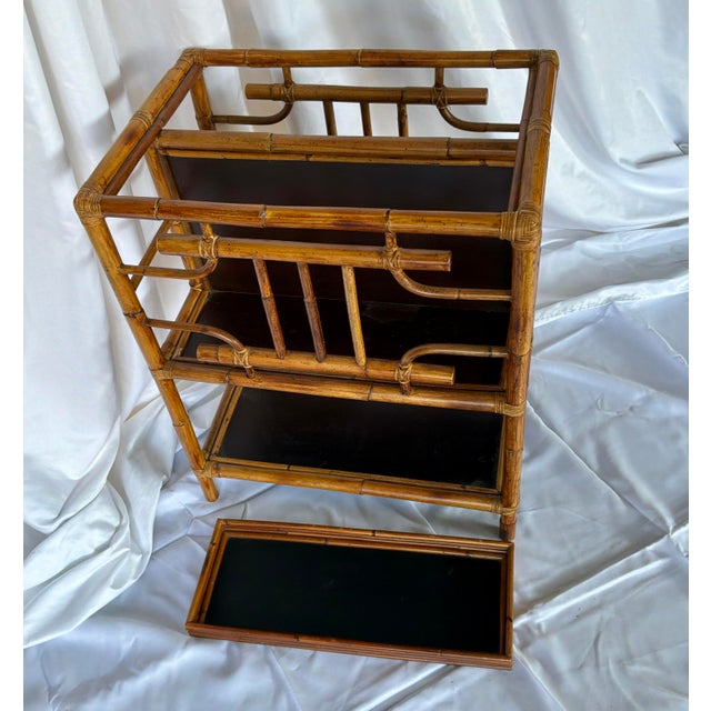 Brown Vintage Faux Bamboo Bar Cart/Magazine Rack With Ebonized Wood Shelves For Sale - Image 8 of 13