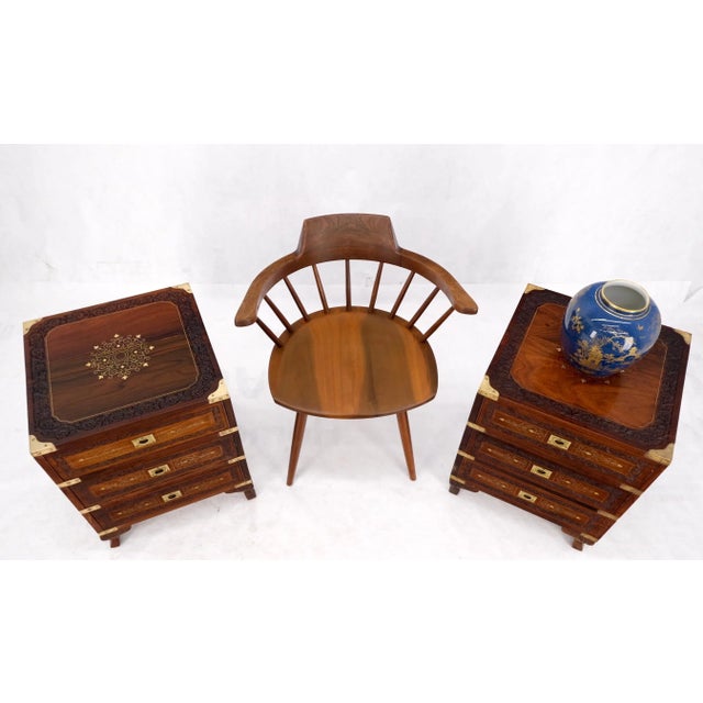 Pair 3 Drawer Solid Rosewood Campaign Style Brass Inlay Decorated Night Stands For Sale - Image 6 of 13