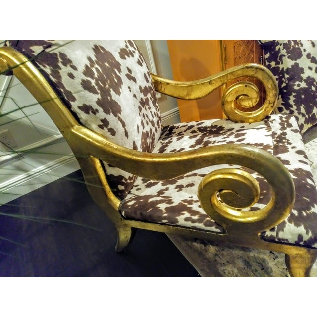 Vintage Large Custom Upholstered Faux Cow Hide Gold Carved Rounded Arm