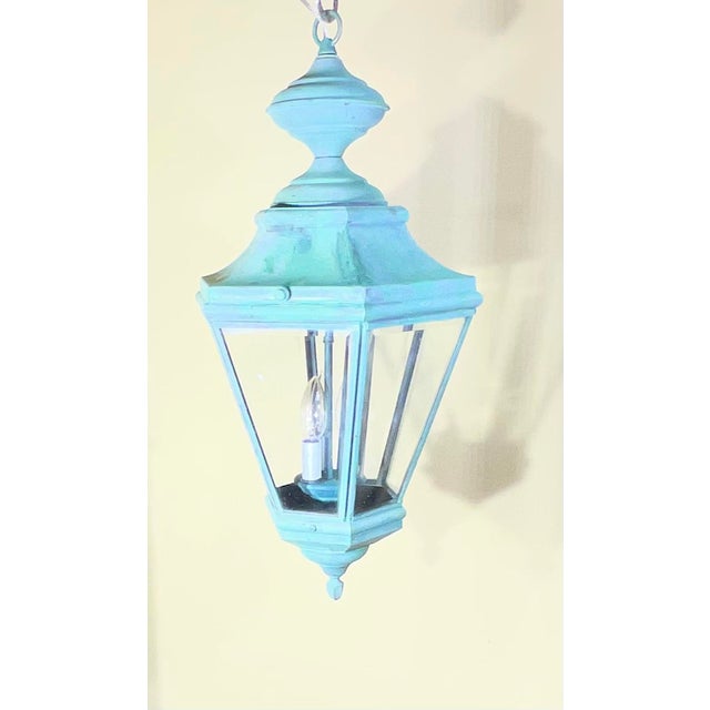 Vintage Solid Brass Hanging Lantern Hexagonal 3-Light Pendant With Verdigris For Sale In Miami - Image 6 of 14