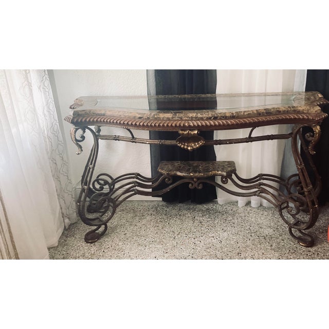 Hollywood Regency 1990s Hollywood Regency Marble & Wrought Iron Console Table With Beveled Glass For Sale - Image 3 of 7