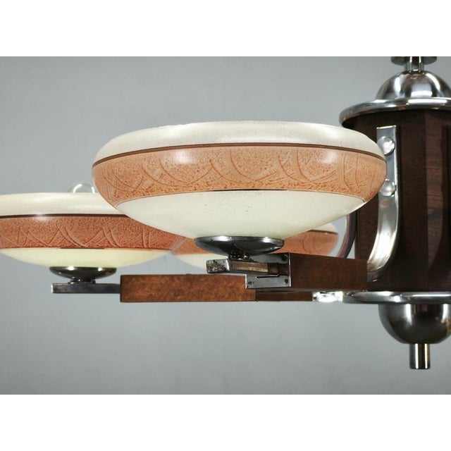 Large Art Deco Wood and Glass Six-Light Chandelier in Chrome, 1930s For Sale - Image 9 of 16