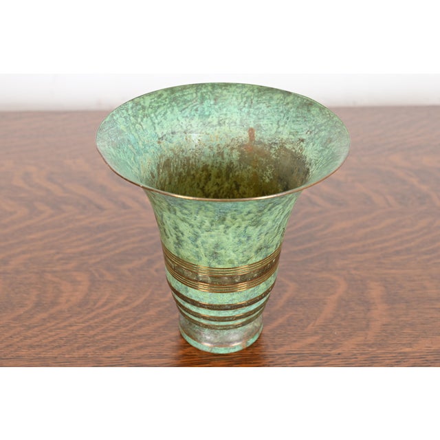 A beautiful Art Deco or Arts & Crafts verdigris bronze vase with flower frog By Carl Sorensen USA, Early 20th Century...