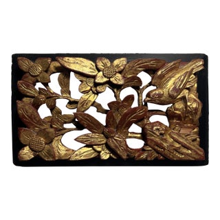 Antique Chinese Hand Carved Red Laquer & Gilt High Relief Wood Panel For Sale