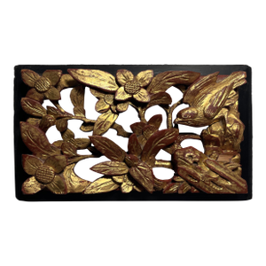 Antique Chinese Hand Carved Red Laquer & Gilt High Relief Wood Panel