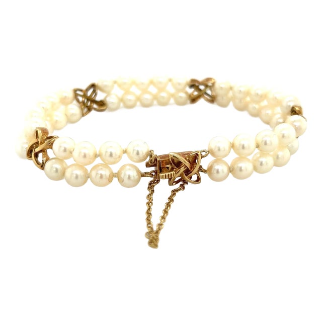 1990s Mikimoto Estate Akoya Pearl Double Strand Bracelet 6.5" 14k Gold 5.5 mm For Sale