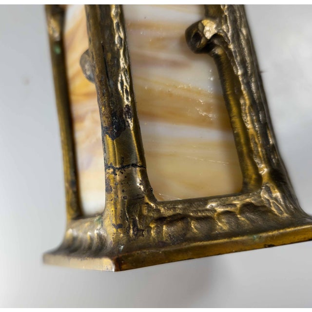 20th Century Arts & Crafts Brass and Slag Glass Gothic Tudor Revival Pendant Light For Sale - Image 9 of 15