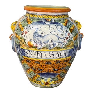 Large 21” Hand-Painted Majolica-Style Floor Urn With Lion Head Ring Handles For Sale