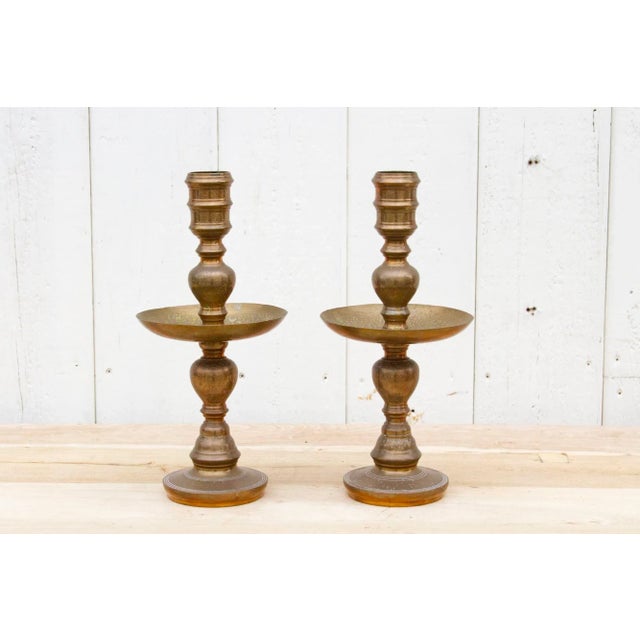 Traditional Traditional Indian Brass Engraved Candle Holders For Sale - Image 3 of 8