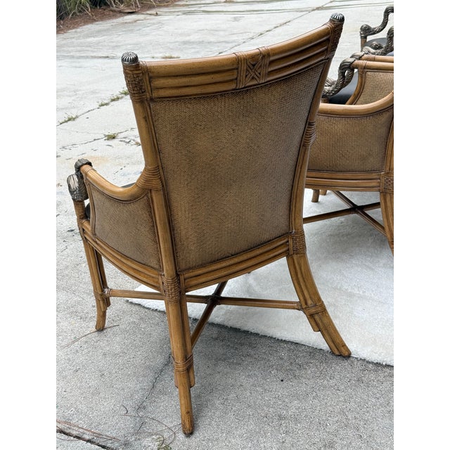 Set of 4 Asian Chinoiserie Faux Bamboo Armchairs With Sculptural Metal Fish Motifs For Sale - Image 12 of 17