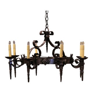 Early 20th Century French Gothic Polished Wrought Iron Eight-Light Chandelier For Sale