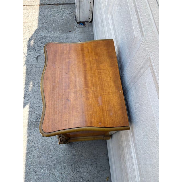 Gold Vintage French Provincial Revival Parquetry Bedside Cabinet Nightstand Chest With Carved Details For Sale - Image 8 of 12
