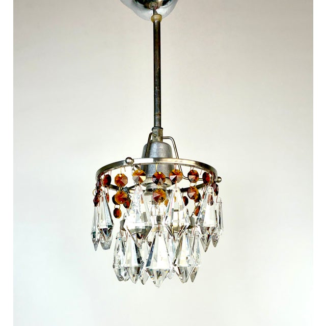 Art Nouveau Mid 19th Century Chrome Crystal Pendant Lights With Amber Octagon Details – Pair For Sale - Image 3 of 11