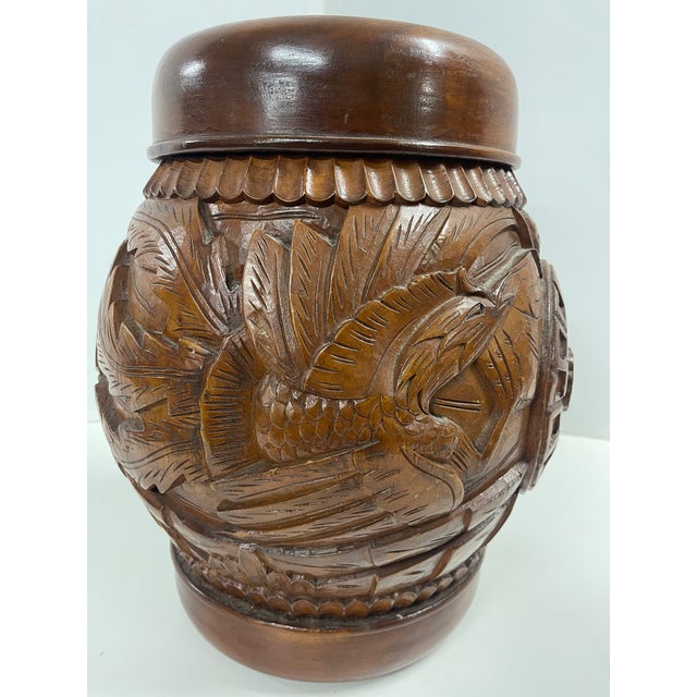 Antique Hand Carved Wooden Hollow Drum-Shaped Chinese Garden Stools—A Pair For Sale - Image 15 of 16