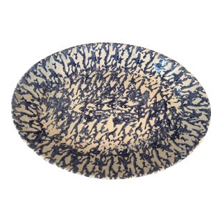 Vintage Italian Blue and White Spongeware Oval Serving Platter Made in Italy Rustic European Farmhouse For Sale