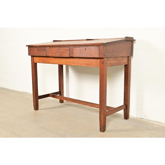 Charles Limbert Limbert Style Antique Mission Oak Arts & Crafts Slant Front Architect's Desk, Circa 1910 For Sale - Image 4 of 13