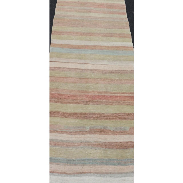 Mid 20th Century Very Long Vintage Turkish Kilim Runner With Stripe Design in Soft Colors For Sale - Image 4 of 11