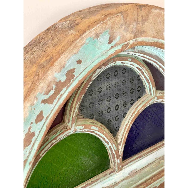 Antique Indian Teak and Cathedral Glass Overdoor Lunette, First Half of the 20th Century, 1920s For Sale - Image 6 of 15