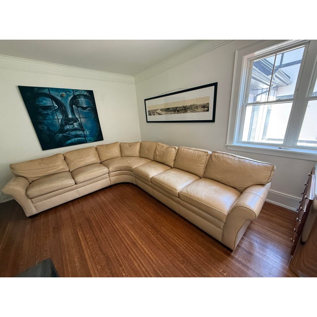 Leather Curved Sofa Stickley Large Modular Sectional Sofa Tan Leather Sectional Curved Room Sofa For Sale - Image 9 of 9