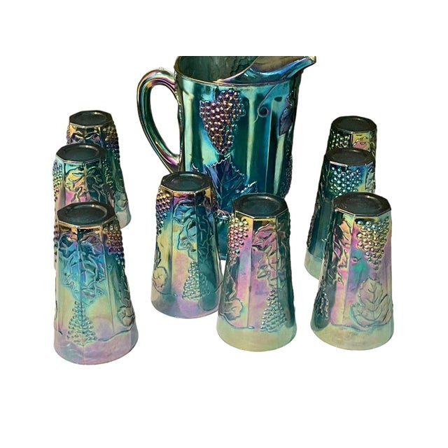 Folk Art 1960s Harvest Grape Blue Carnival Glass Pitcher & Glasses Set- 8 Pieces For Sale - Image 3 of 3