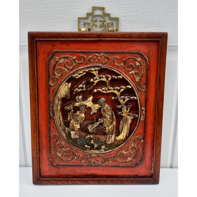 Antique Rectangular Chinese Carved Figural Wall Plaque W/Brass Hanger For Sale - Image 10 of 12