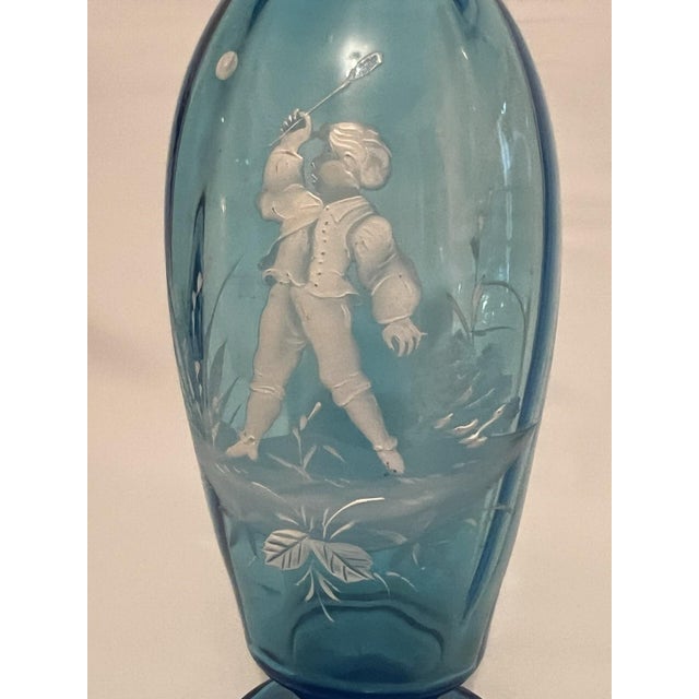 Blue Glass Vase, White Enamel, Child Boy Playing, Mary Gregroy, Hand Painted, Antique Victorian For Sale - Image 4 of 9