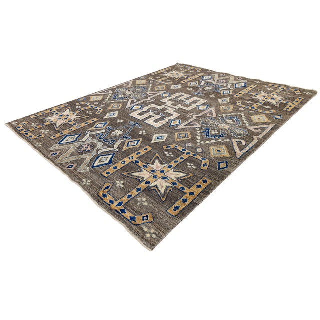 Modern Tulu Style Wool Area Rug – Geometric Tribal Motif in Earthy Brown & Cream For Sale - Image 4 of 11