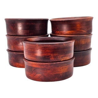 Mid-Century Hand Turned Solid Cherry Wood Bowl Set — Eight 7" Serving Bowls For Sale