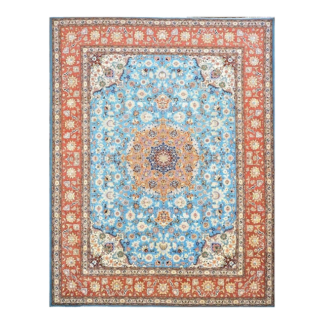 Antique Persian Tabriz Emad Wool 10x13 Light Blue & Red Handmade Area Rug #9902217 For Sale