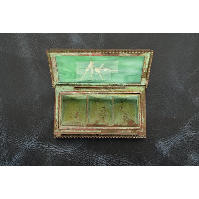 Tiffany Studios New York Pine Needle Pattern Bronze and Favrile Slag Glass Stamp Box For Sale In South Bend - Image 6 of 12