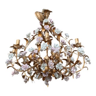 Louis XV Style Marie Antoinette Gilt Metal & Porcelain Flower Chandelier For Sale