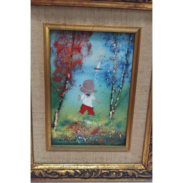 Traditional Late 20th Century Fleming Painting of Child With Sailboat Framed Enamel on Copper Vertical For Sale - Image 3 of 8