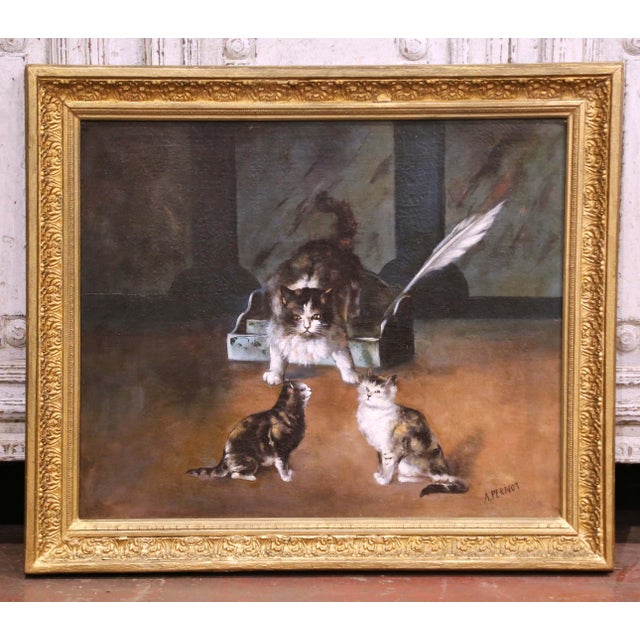 Pair of 19th Century French Pendant Cat Oil on Canvas Paintings Signed A. Pernot For Sale - Image 4 of 18