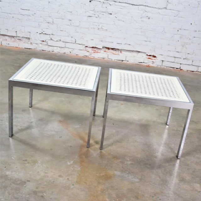 Milo Baughman Mid-Century Modern to Modern Side Tables Chrome and White Cane Square Glass Top, a Pair For Sale - Image 4 of 13