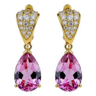 14k Yellow Gold Diamond and Natural Pink Topaz Dangle Earrings, A Pair For Sale