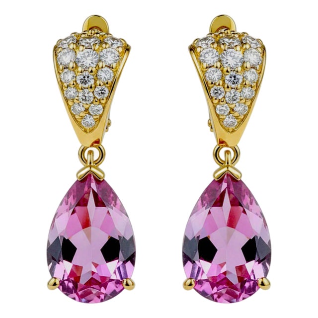 14k Yellow Gold Diamond and Natural Pink Topaz Dangle Earrings, A Pair For Sale