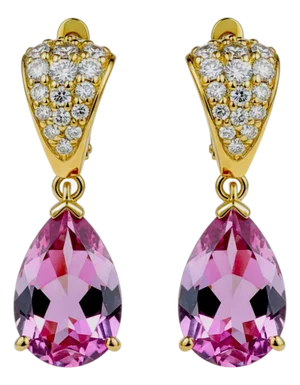 14k Yellow Gold Diamond and Natural Pink Topaz Dangle Earrings, A Pair