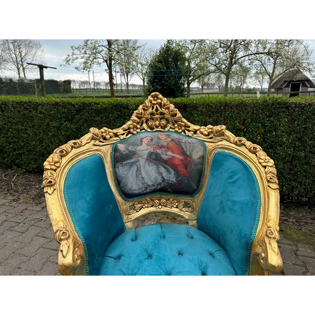 1900s French Louis XVI Blue Velvet / Green Beech Sofa Set 3pc For Sale - Image 4 of 16