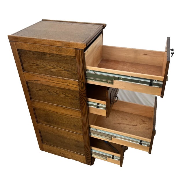 Brown Vintage Tiger Oak File Cabinet Four Drawers One Locks Paneled Sides Legal SIze For Sale - Image 8 of 12