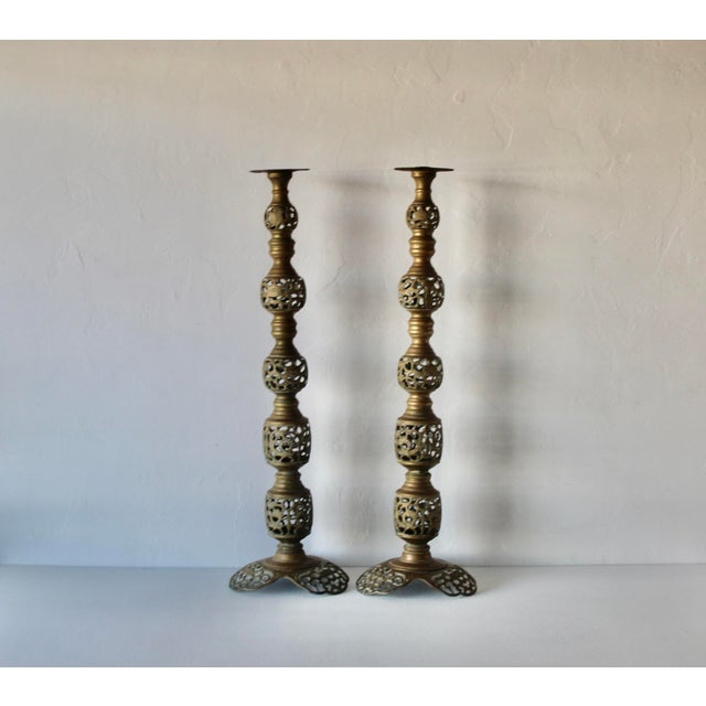 Vintage Altar Size Pierced Brass Floor Candlestick Holders Ornate Reticulated Design Mid Century For Sale - Image 14 of 15