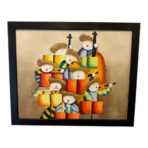 Joyce Roybal Painting Children's Musicians Oil and Canvas Framed Violins Cello Flutes