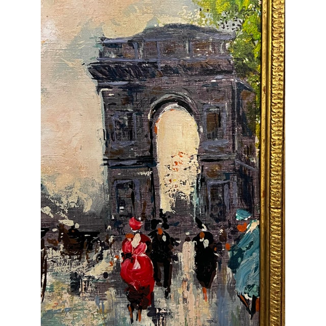 Mid 20th Century Post Impressionist Oil on Canvas Painting of Paris Streets With Arc De Triomphe in the Style of Antoine Blanchard, Unsigned, Framed For Sale - Image 9 of 12