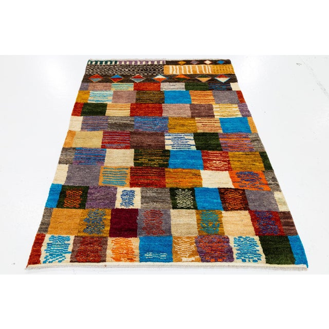 Modern Abstract Baluch Style Wool Rug - Vibrantly Colored Patchwork Checkerboard For Sale In New York - Image 6 of 11
