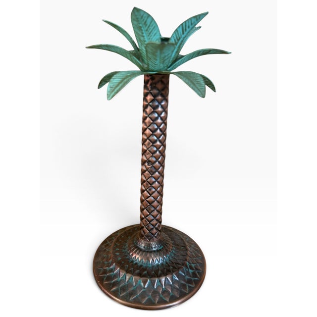 Hollywood Regency Vintage Palm Tree Candle Holder | Sculptural Copper-Tone Metal & Turquoise Patina | Hollywood Regency For Sale - Image 3 of 4