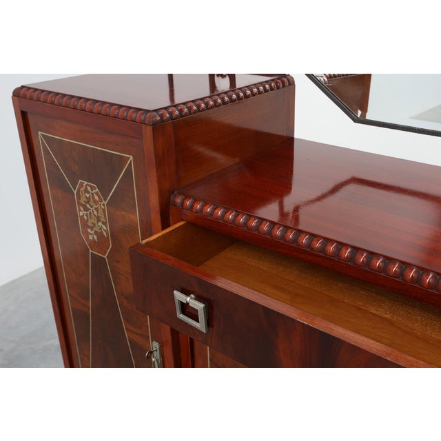 Brown Art Deco Marquetry Cabinet with Wrought Iron Mirror Crest, Belgium, 1920s For Sale - Image 8 of 17
