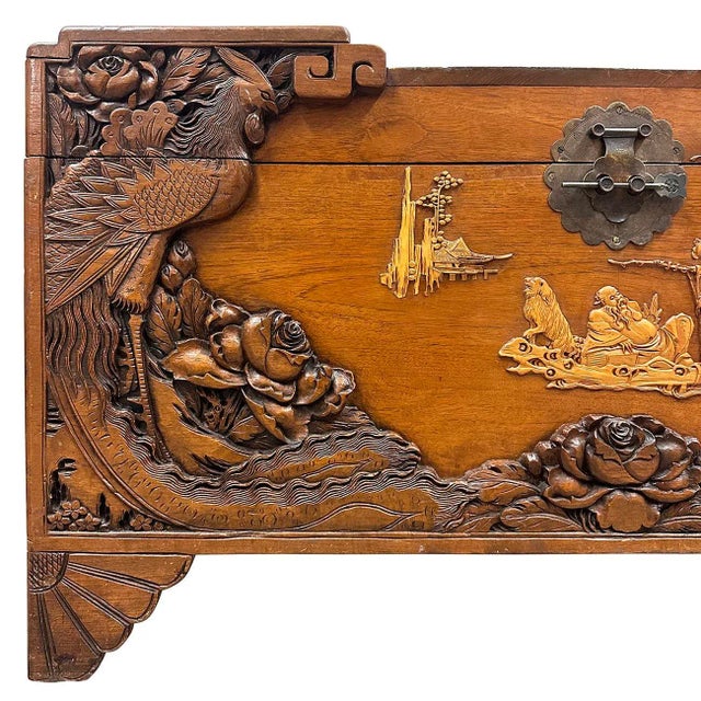 Early 20th Century Chinese Carved Camphor Wood Hope Chest For Sale - Image 4 of 12