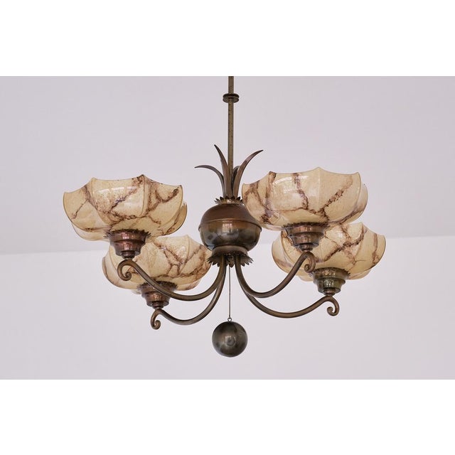 Vintage Swedish Hanging Light in Brass and Marbled Glass, 1927 For Sale - Image 6 of 18