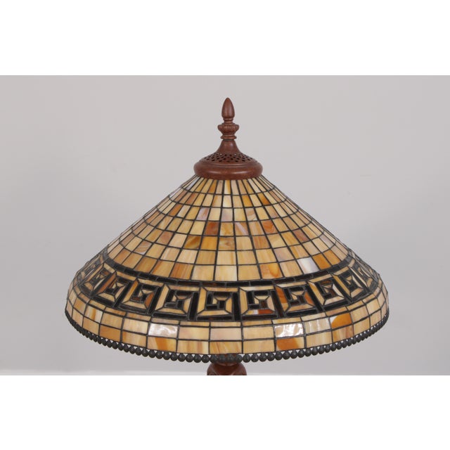 Traditional 1990s Quoizel Tiffany Greek Key Leaded Glass Table Lamp For Sale - Image 3 of 18