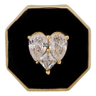 Magical Love Black Enamel Diamond Heart Adjustable Statement Ring, Size 5.5 For Sale